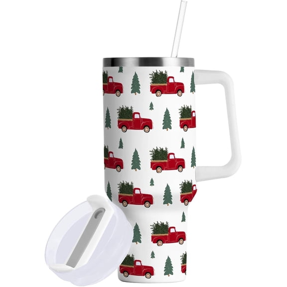 Rustic Truck and Christmas Tree Tumbler with Handle and Straw Leak Proof Tumbler 2 in 1 Lid Insulated Water Bottle Tumblers Stainless Steel Cup Large Travel Mug Cups, Gifts for Women Man, 30oz