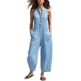 thumbnail image 2 of Linen Jumpsuits for Women Sleeveless Loose Wide Leg Long Pants V Neck Button Down Jumpsuits with Pockets, 2XL, 2 of 4