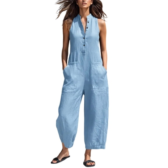 Textilo Sleeveless Jumpsuit for Women Wide Leg Button Down V Neck Romper Cotton Linen Stand Collared Long Overall with Pockets Summer Vacation Work Party Baggy Loose Clothing,Sky Blue L