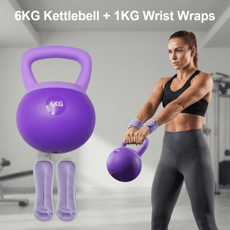 14/18 LB Soft Kettlebell Set with Wrist Guards & Resistance Bands, Sand and Iron Filled, Safe Strength Training Kettlebell, Portable Home Workout Gear for Men and Women, Purple & Pink