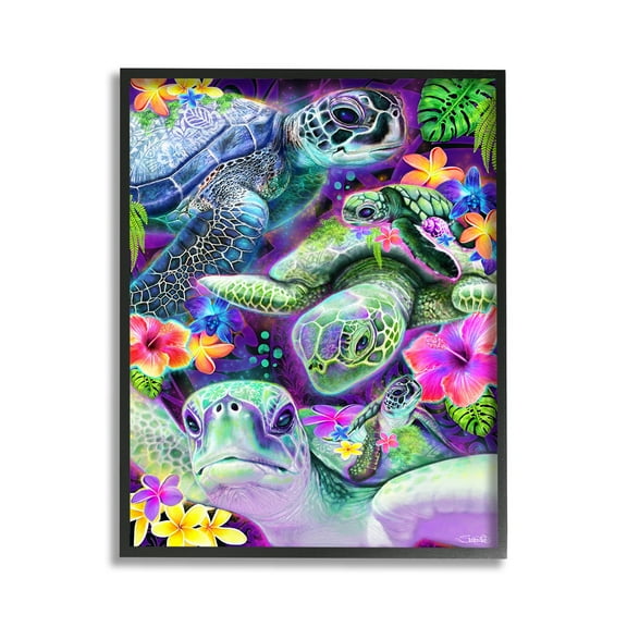 Stupell Industries Tropical Turtles & Hibiscus Animals & Insects Painting Black Framed Art Print Wall Art, 11 x 14