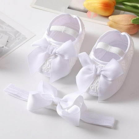 

Synpos 0-18M Baby Girls Princess Shoes Headband Set First Walkers Newborn Shoes Cute Bowknot Infant Prewalker Soft Bottom Anti Slip Toddler