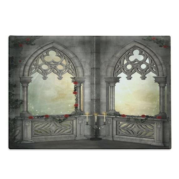 Gothic Cutting Board, Vintage Style Ottoman Palace Balcony for Sultans Red Rose Flowers Ivy Terrace Image, Decorative Tempered Glass Cutting and Serving Board, Large Size, Beige, by Ambesonne