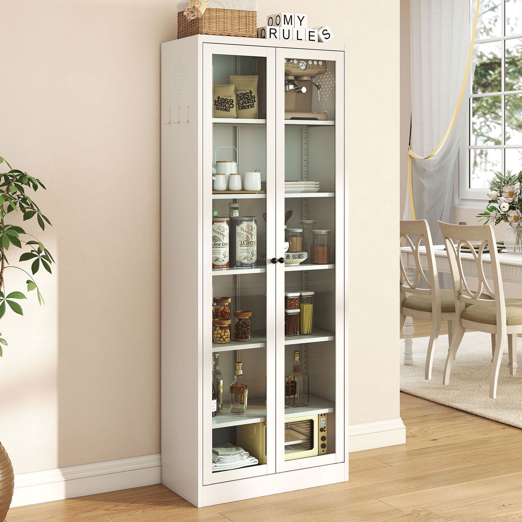 S-HOME Freestanding Metal Pantry Cabinet – White 72 Inch Tall Design with 5 Adjustable Shelves for Kitchen and Bathroom Storage