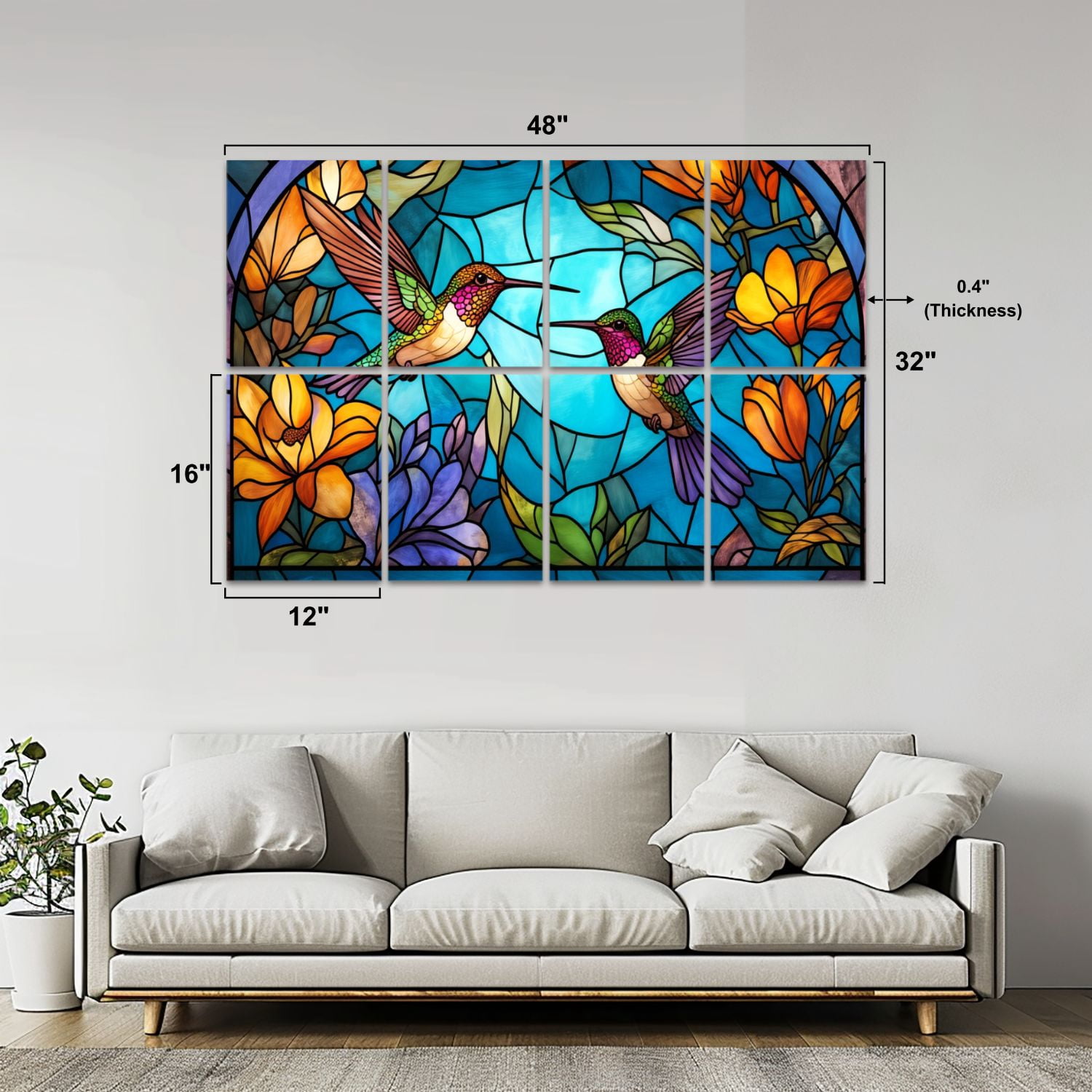 Stained Glass Style 8 Pack Art Acoustic Panels Sound Absorbing Colorful Hummingbirds Flowers Decorative Soundproof Wall Panels Self Adhesive for Nursery Game Room Bedroom 48"x32"