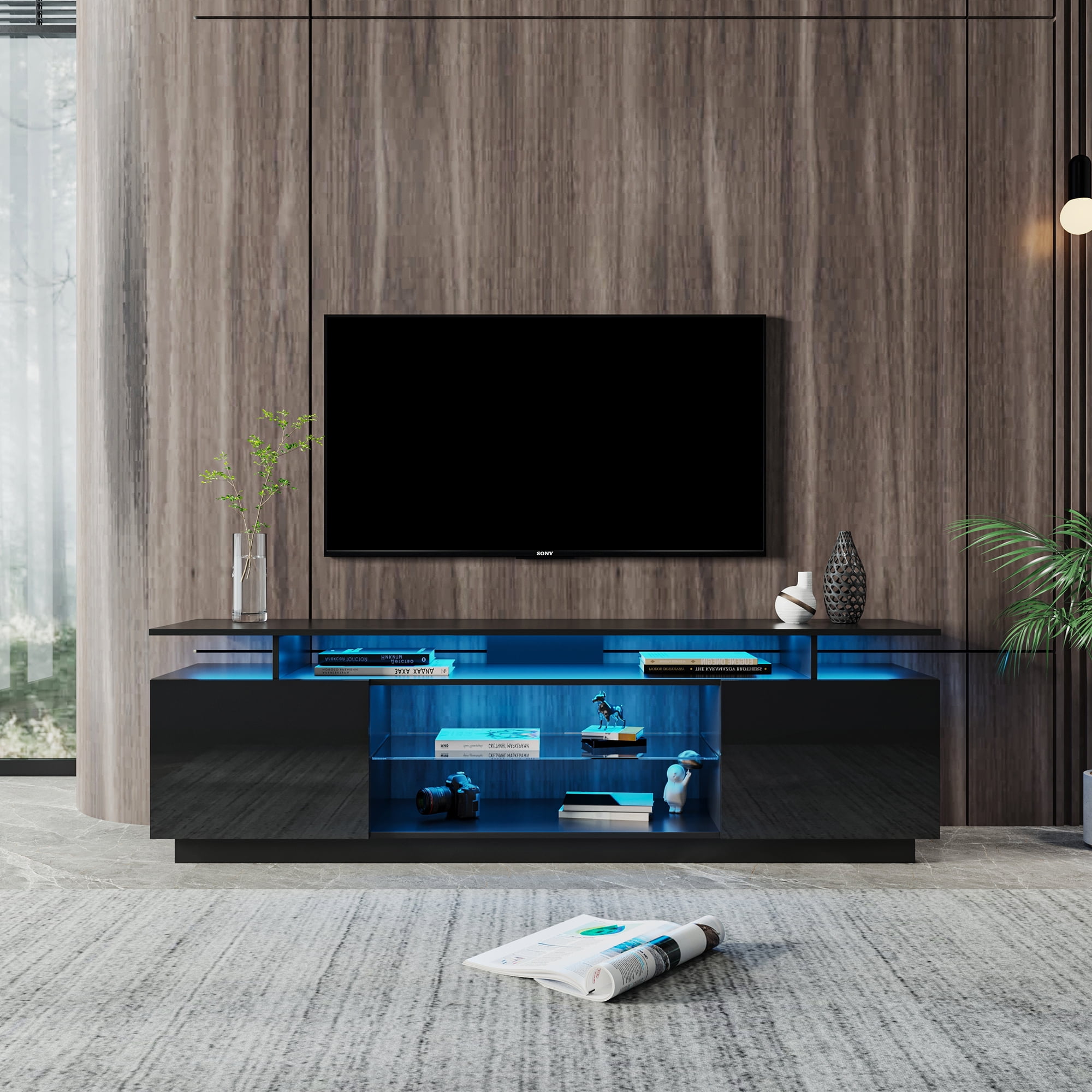 Pouseayar Modern Style MDF TV Stands For 80 Inch TV Black Walmart 80-inch-tv-wall-mount-install