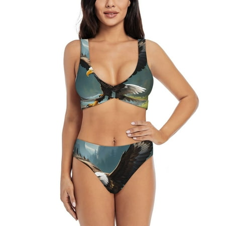Zeuib Forest River Bald Eagle High Waisted Tummy Control Bikini Set - Knot Front Push Up Top & Cheeky Thong Bottom  Two-Piece Swimsuit for Women-Medium