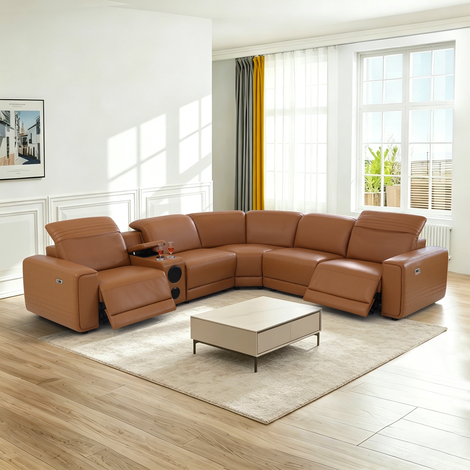 Gewnee Luxury Oversized Reclining Corner Sectional Couch, Power Recliner, Air Leather, Bluetooth Speakers, USB & Type‑C Charging, Cup Holders, Storage, for Living Room Home Theater, Orange Yellow