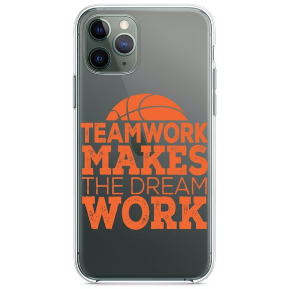 DistinctInk Clear Shockproof Hybrid Case for iPhone 11 (6.1" Screen) - TPU Bumper Acrylic Back Tempered Glass Screen Protector - Teamwork Makes the Dream Work Basketball