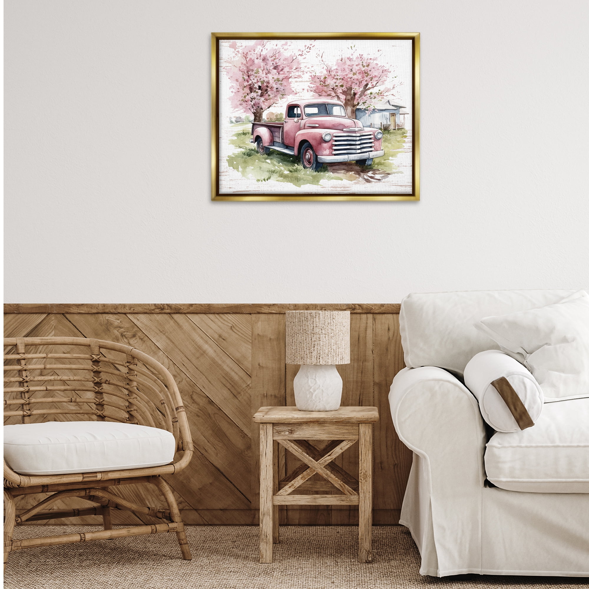 Stupell Industries Cherry Blossoms & Pickup Transportation Painting Gold Floater Framed Canvas Art Print Wall Art, 31 x 25
