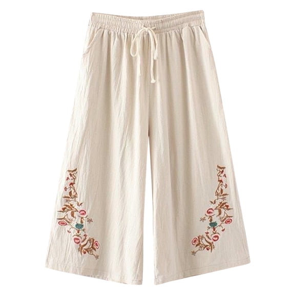 Outfmvch Capri Palazzo Pants Straight Wide Leg Boho Pants for Women 2026 Capris Drawstring with Pockets Pull On Elastic Wide Leg Crop Pants Capri Pants with Lace Side Linen Palazzo Trousers A M-4XL