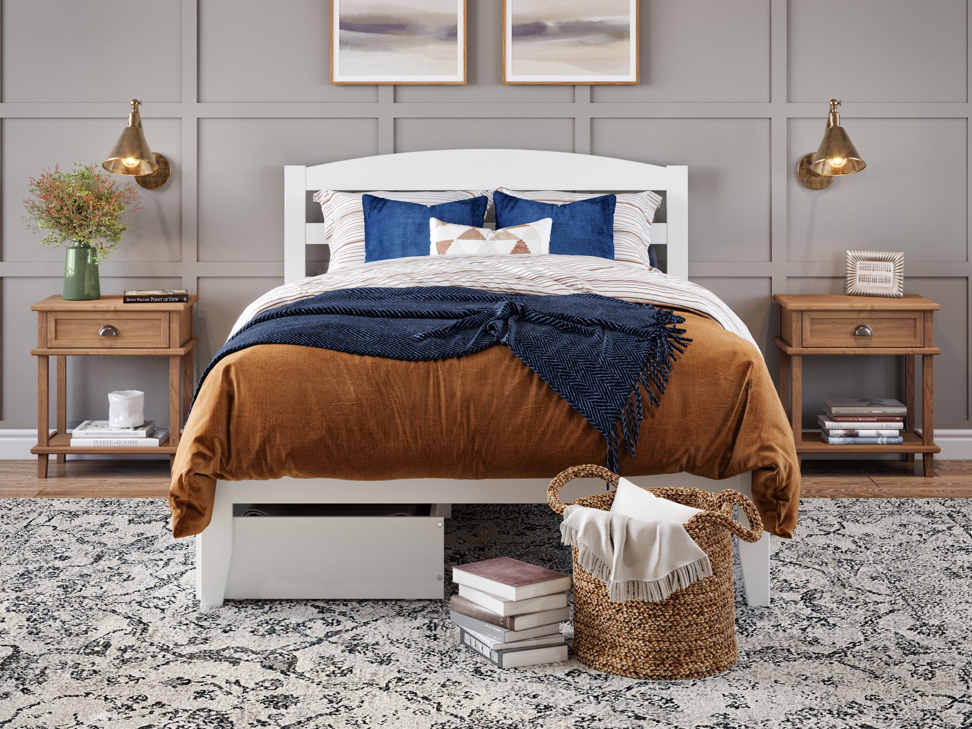 AFI Warren 14" Full Wood Platform Bed Frame with Set of 2 Storage Drawers, White