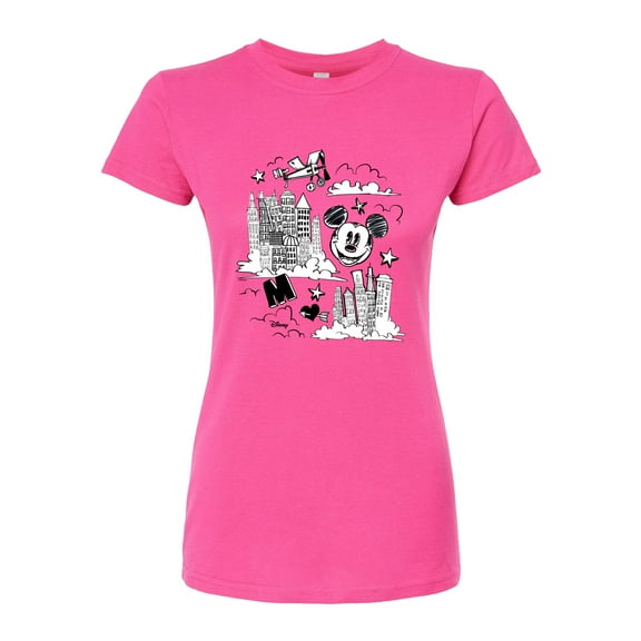 Disney - Mickey Mouse - Skyscraper, Airplanes, & Clouds Sketch - Juniors Fitted Graphic T-Shirt
