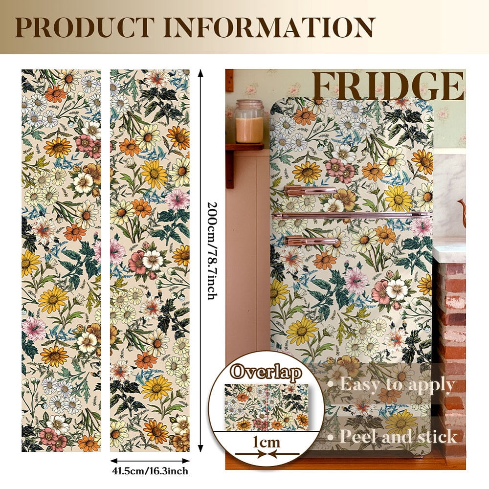 2 Pcs Retro Flower Removable Refrigerator Wraps Self-Adhesive Fridge Stickers Peel and Stick Vinyl Fridge Decals Sticker