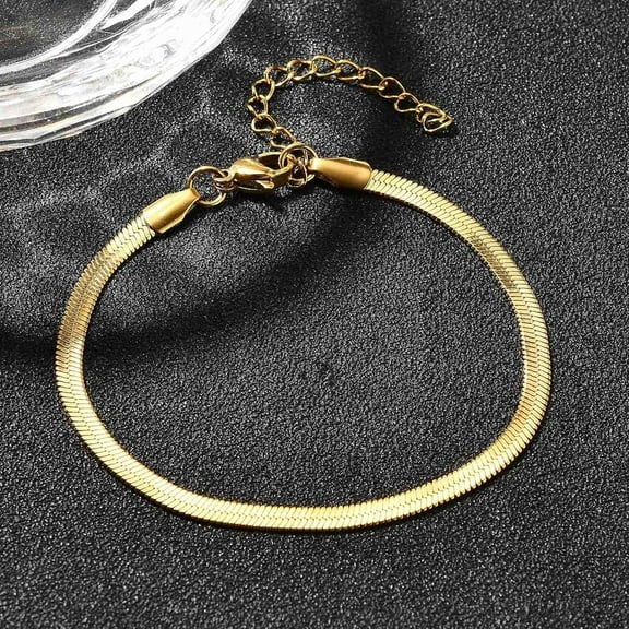 1Pc 6-1/2 Inch Golden 304 Stainless Steel Herringbone Chain Bracelet Wide 3mm for Men Women Gold