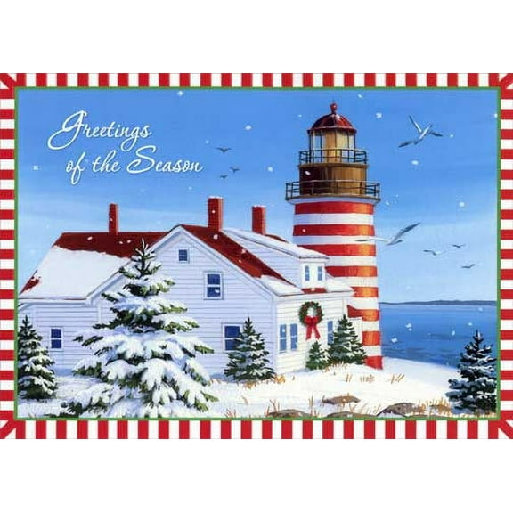 Red Farm Studios Lighthouse with Red and White Border Box of 18 Nautical Christmas Cards