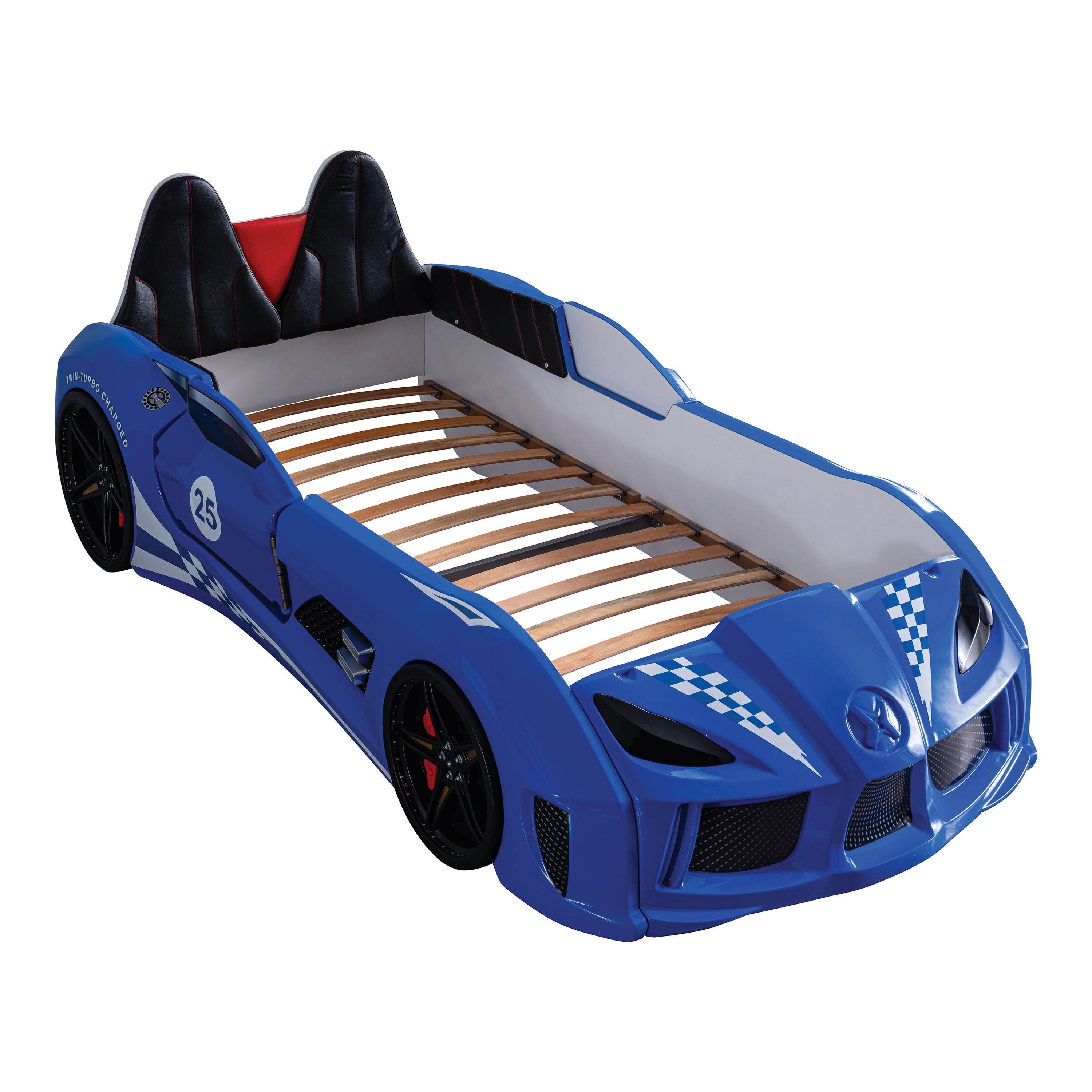 Furniture of America Dash Kids Plastic Twin Race Car Bed with LED and Sound, Blue