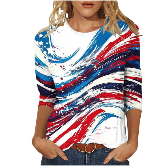 Summer American Flag Graphic Tops Round Neck 3/4 Sleeve Top American Flag Printed Tunics Blouses Trendy Sequined T Shirt Loose Dressy Tunic Blouses Going Out Holiday Party Streetwear