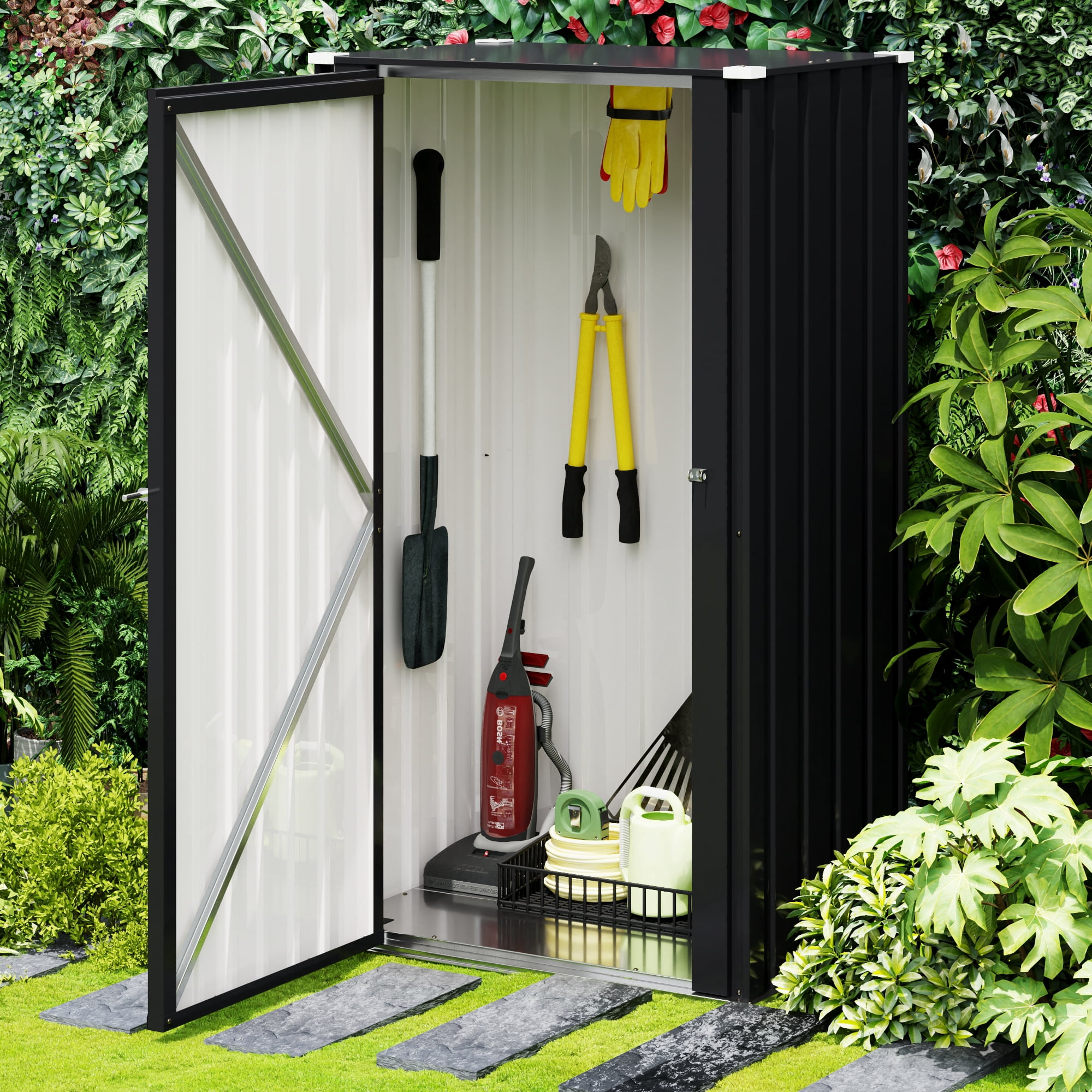 Patiowell, 21cu.ft Black Metal Storage Shed - Lockable All-Weather Garden Shed for Tools/Trash Bins