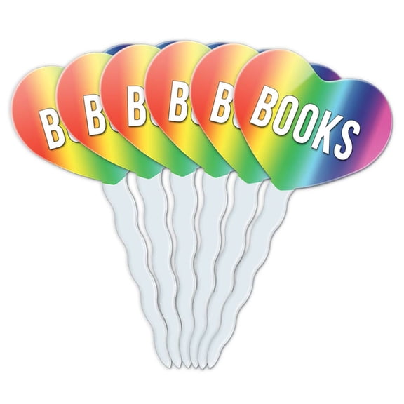 Books Heart Love Cupcake Picks Toppers - Set of 6