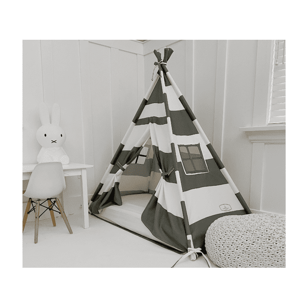 Play Tent Canopy Bed in Grey and White Stripe WITH Doors