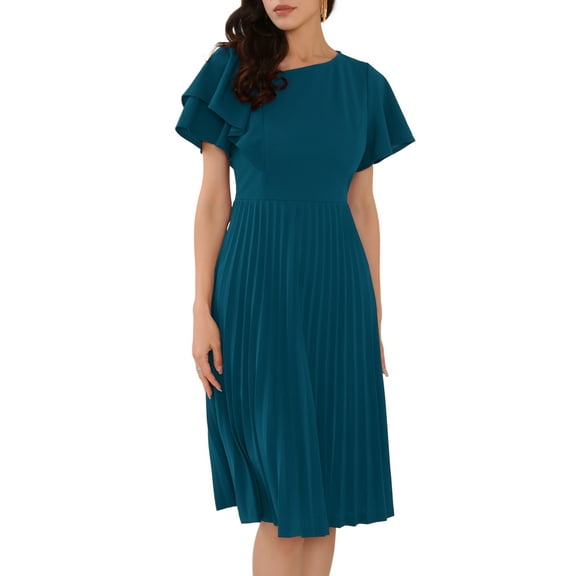 DARING DIVA Ruffled Sleeve Midi A-Line Pleated Work Dress XL Peacock Blue