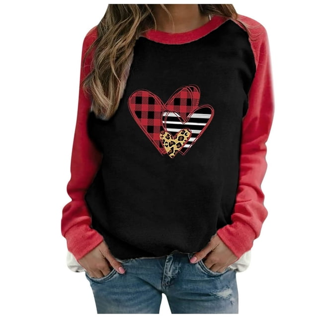 Prime Articles Livraison le Jour Même Femmes Décontracté Raglan Manches Longues Saint-Valentin Imprimé Chemise Chandail Hauts Blouse