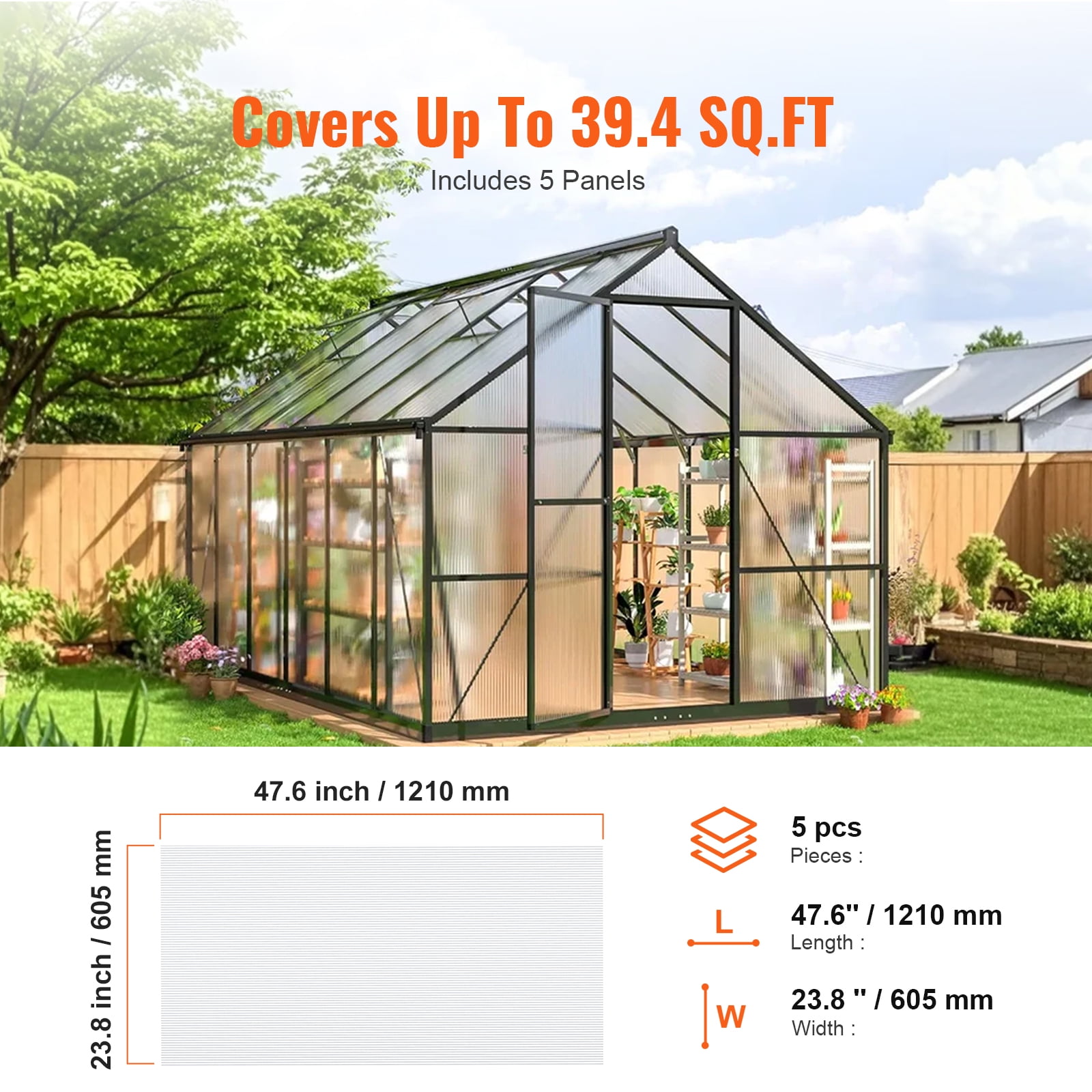 KFFKFF 5 Pack Polycarbonate Greenhouse Panels, 2' x 4' x 0.32'' Sheets, Waterproof UV-Resistant Corrugated Plastic Roofing, Durable Clear Panels for Greenhouse or Garden Applications