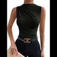 thumbnail image 2 of Camiseta de Cuello Alto Sin Mangas, Plisada, de Color Liso, A para Mujer Negro XL, 2 of 10