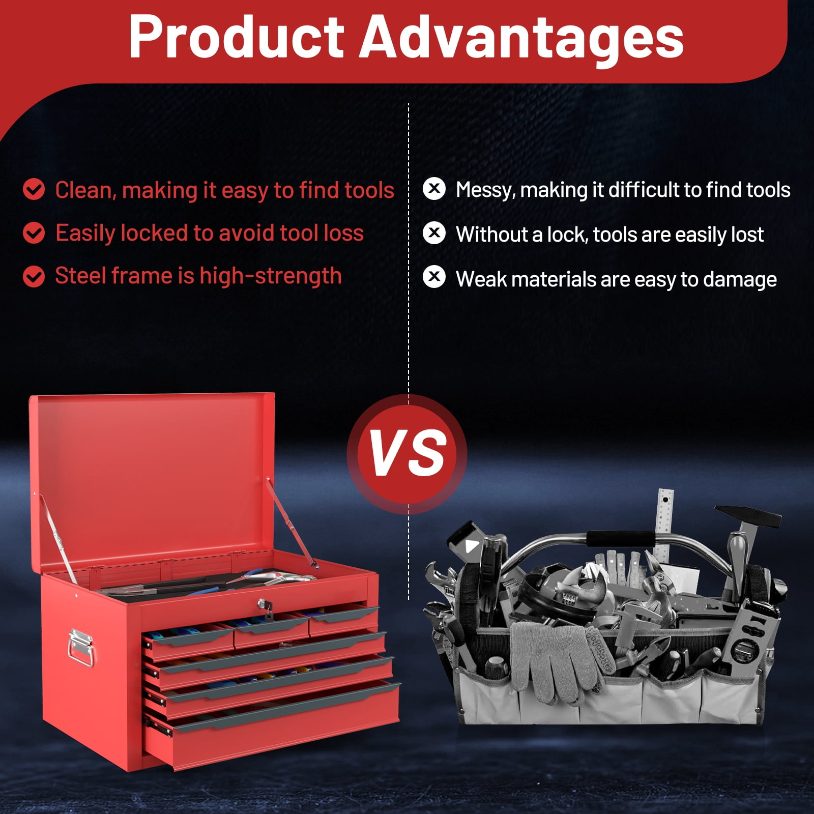 Gymax 24'' Tool Chest Case Steel Tool Box w/ 6 Drawers Top Storage Automatic Lock Red