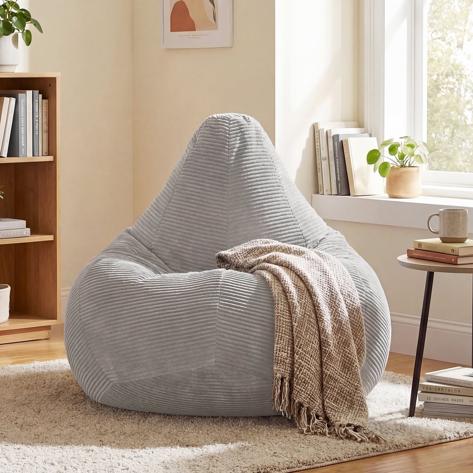Costway Bean Bag Chair for Adults with Skin-friendly Corduroy Cover & Soft Sponge Filling Light Gray