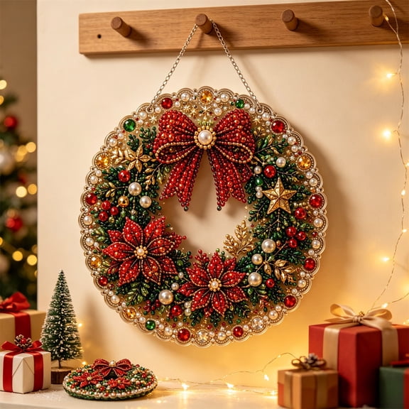Leutsin Christmas Pearl Diamond Art Hanging Ornament Kit, Xmas Wreath Acrylic Round Board with Lace Edge DIY Diamond Painting Suncatcher Set, Handmade Holiday Hanging Decor Gift for Window Wall