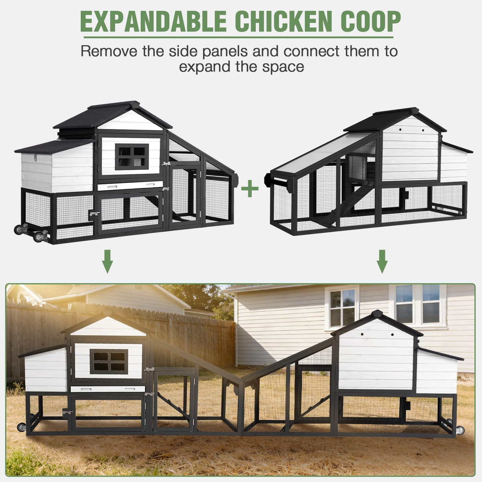 Aivituvin Mobile Chicken Coop with Wheels, Large Wooden Poultry Cage Chicken House with Nesting Box, Leakproof Pull-Out Tray, Weatherproof Roof for 3-5 Chickens, Black