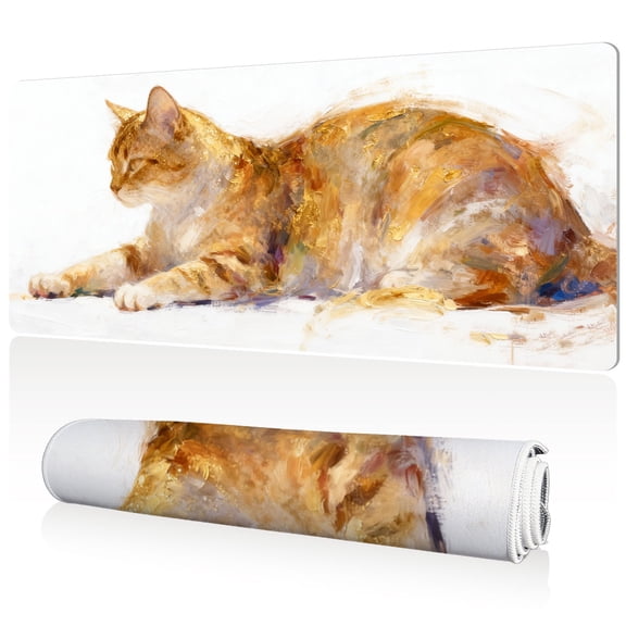 LIVEKEY Ultra Large Mouse Pad 80x40cm Full Desk Coverage Oil Painting Cat with Gold Foil Art for Gaming Office Desk