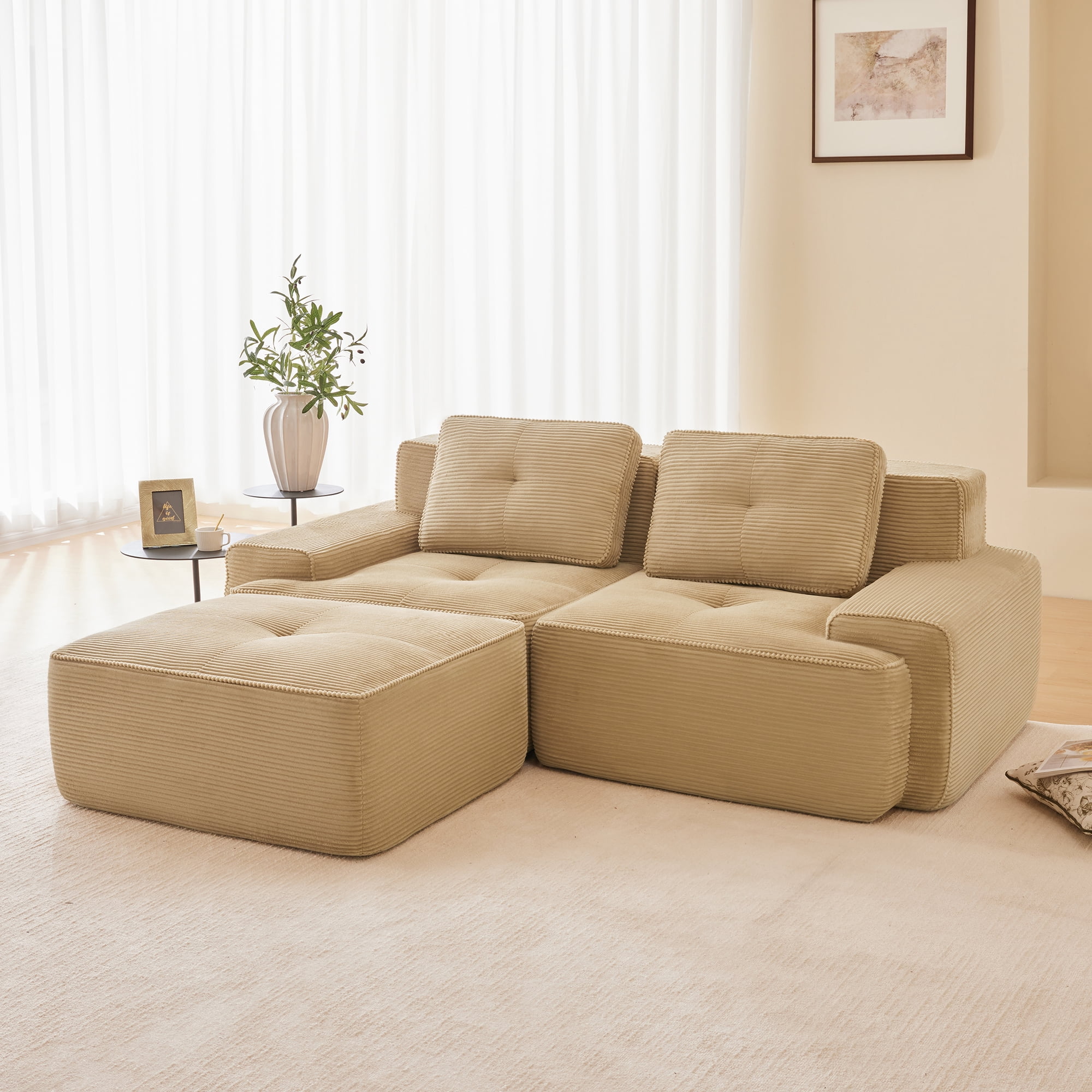 Yoneston 82" L-Shaped Modular Sectional Sofa 2 Seater Couch with Cushions and Ottoman, No Assembly Corduroy Loveseat Sofa for Living Room Bedroom Apartment, Camel
