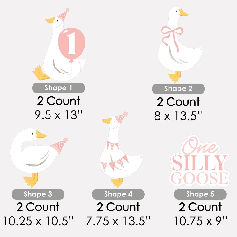 Big Dot of Happiness One Silly Goose Pink Outdoor Decorations, Girl 1st Birthday Party Lawn Ornaments, Goose-Themed Yard Signs with Stakes - 10 Piece Set