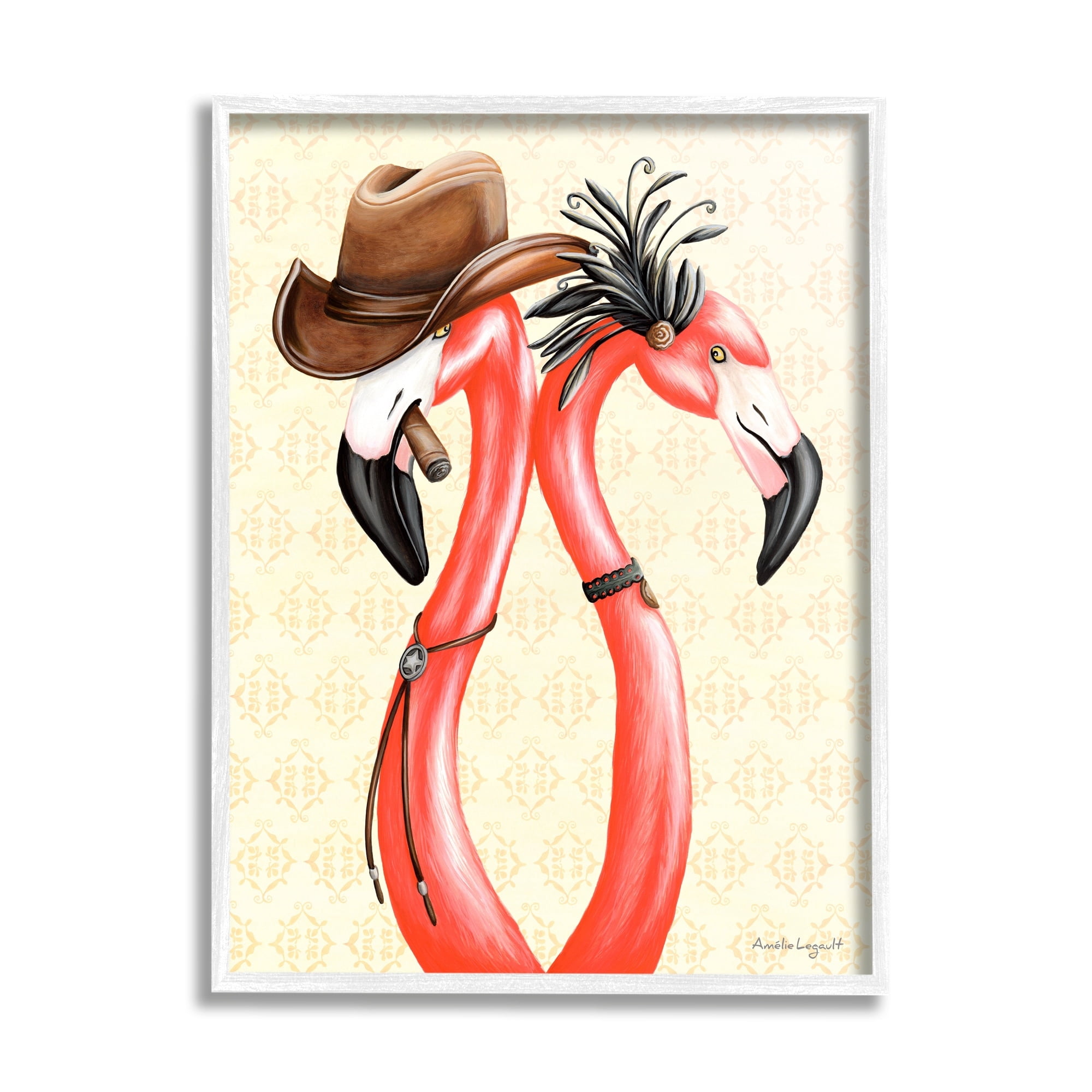Stupell Industries Vintage Flamingos Cowboy Hat Antique Fashion Outfit Graphic Art White Framed Art Print Wall Art, Design by Amelie Legault