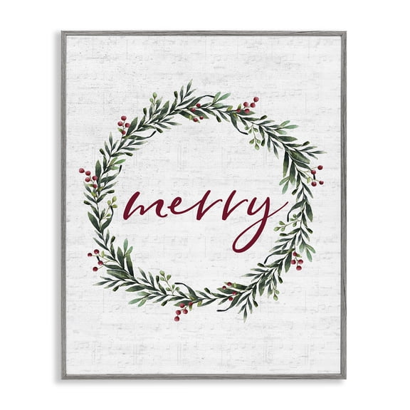 Stupell Industries Cottage Red Merry Country Holiday Wreath Gray Framed Giclee Art, 11 x 14, by Lettered and Lined