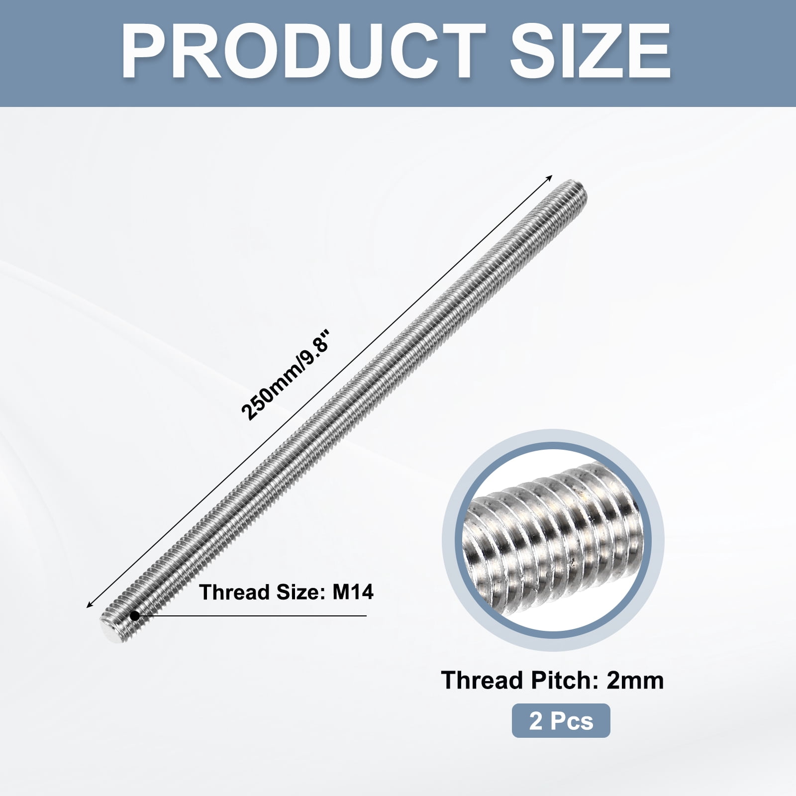 Uxcell Fully Threaded Rod M14 x 250 2mm Thread Pitch 304 Stainless Steel 2 Pack