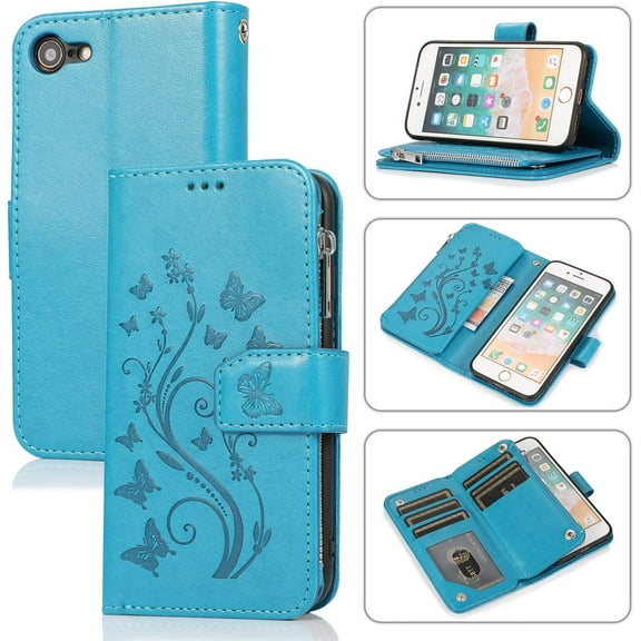 Wallet Case for iPhone SE 2022 5G/iPhone 7/iPhone 8/iPhone SE 2020, Premium PU Leather Magnetic Flower Zipper Case Kickstand Card Slots Shockproof Flip Cover for iPhone SE3/SE2 - Blue