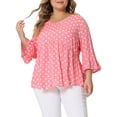 thumbnail image 4 of GRACE & GRANDEUR Women's Plus Size Polka Dots V Neck Bell 3/4 Ruffled Sleeves Peplum Hem Babydoll Blouses Pink 4X, 4 of 6