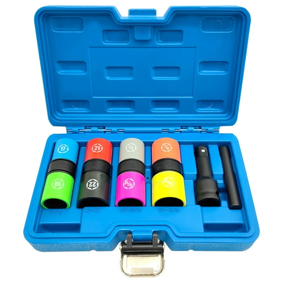 Blue 1/2-Inch Drive Lug Nut Socket Set with CR-MO & Nylon Construction, Metric & SAE Sizes, Reversible Non-Damaging Removal Wrench Tool Kit Including 4 Sockets, Extension Bar, Knock-Out Pin, and
