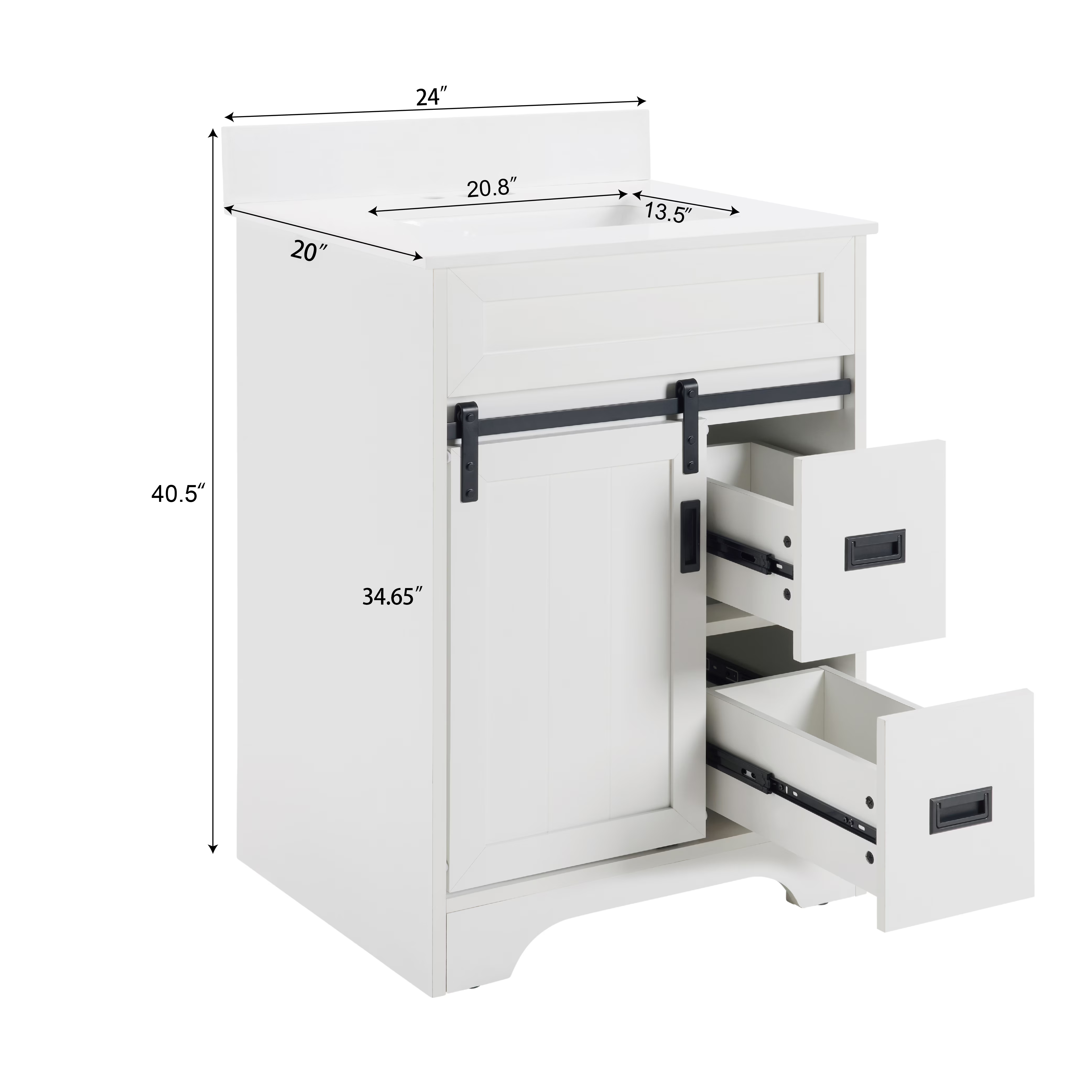 24" Bathroom Vanity with Single Sink Combo, Farmhouse Undermount Bathroom Sink Cabinet with Sliding Barn Doors and 2 Drawers, Freestanding Bathroom Vanities,White