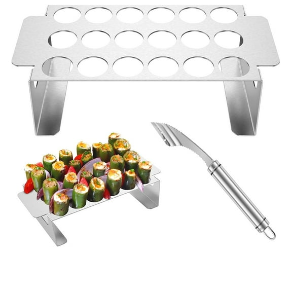 Tutuviw 1Pack Jalapeno Grill Rack with Jalapeno Corer Tool,Barbecue Jalapeno Popper Holder,18 Holes Stainless Steel Drumstick Chicken Wings Roaster for BBQ Smoker/Cooking Chili/Chicken Legs