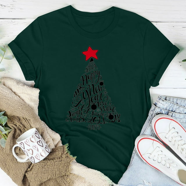 Meichang Chemises pour Femmes Drôles Arbre de Noël Graphique T-Shirts Décontractés Manches Courtes Automne Hiver Hauts Coupe Ample Col Rond T-Shirts de Noël