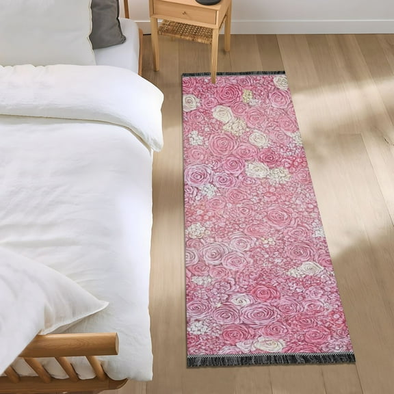 Pink Rose Floral Background Bedroom Runner Rug 2'x 6' Non Slip Carpet Indoor Home Area Rug Living Room