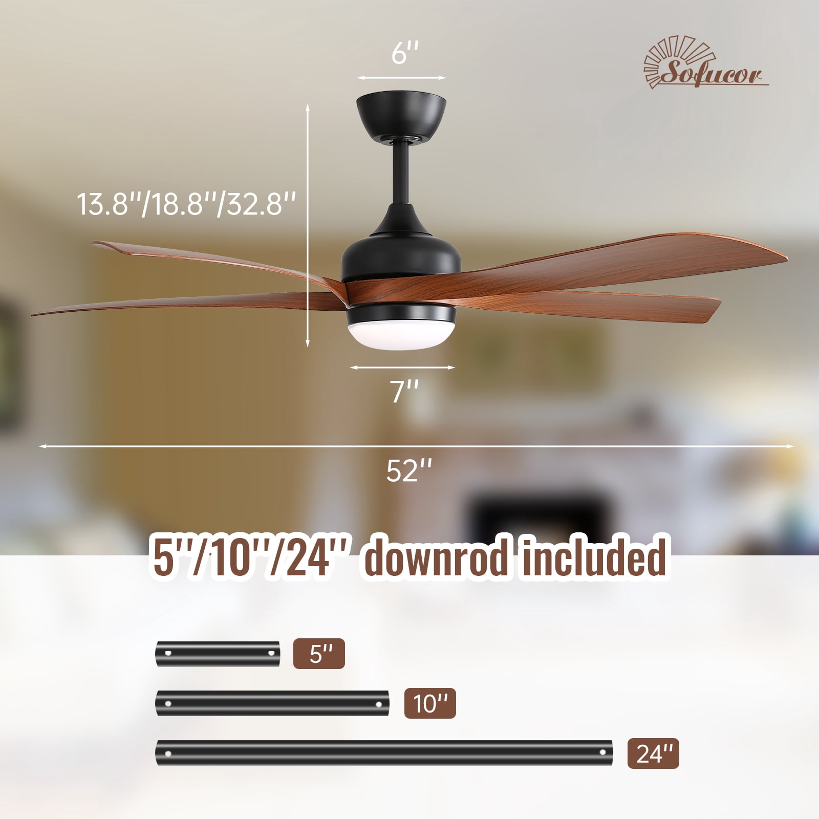 Sofucor 52 Inch Black Ceiling Fan with LED Light and Remote