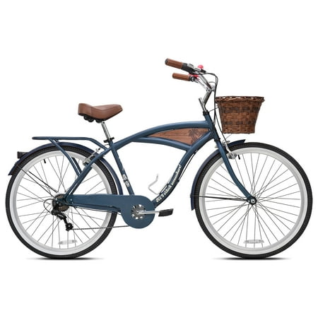Margaritaville 26" Five O'Clock Somewhere Men's 7-Speed Cruiser with Basket & Rear Rack, Ages 13+, Navy/Brown