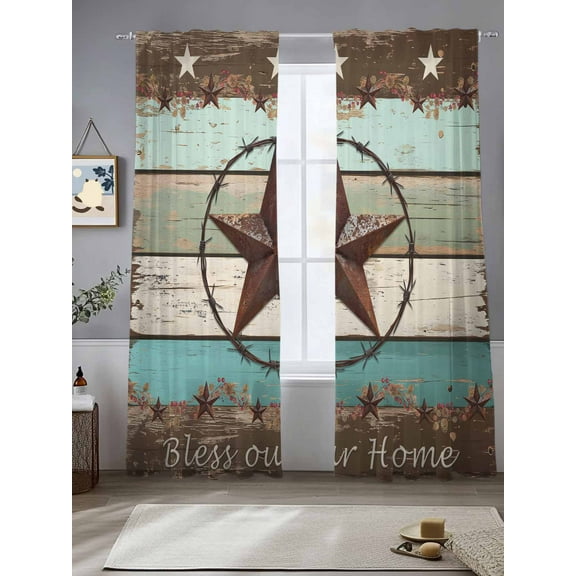 West Texas Star Rustic Sheer Curtains for Living Room Bedroom Farmhouse Teal Green Wood Plank Sheer Curtains 96 Inch Long 2 Panels Set Light Filtering Curtain Window Treatments Drapes for Dining Room