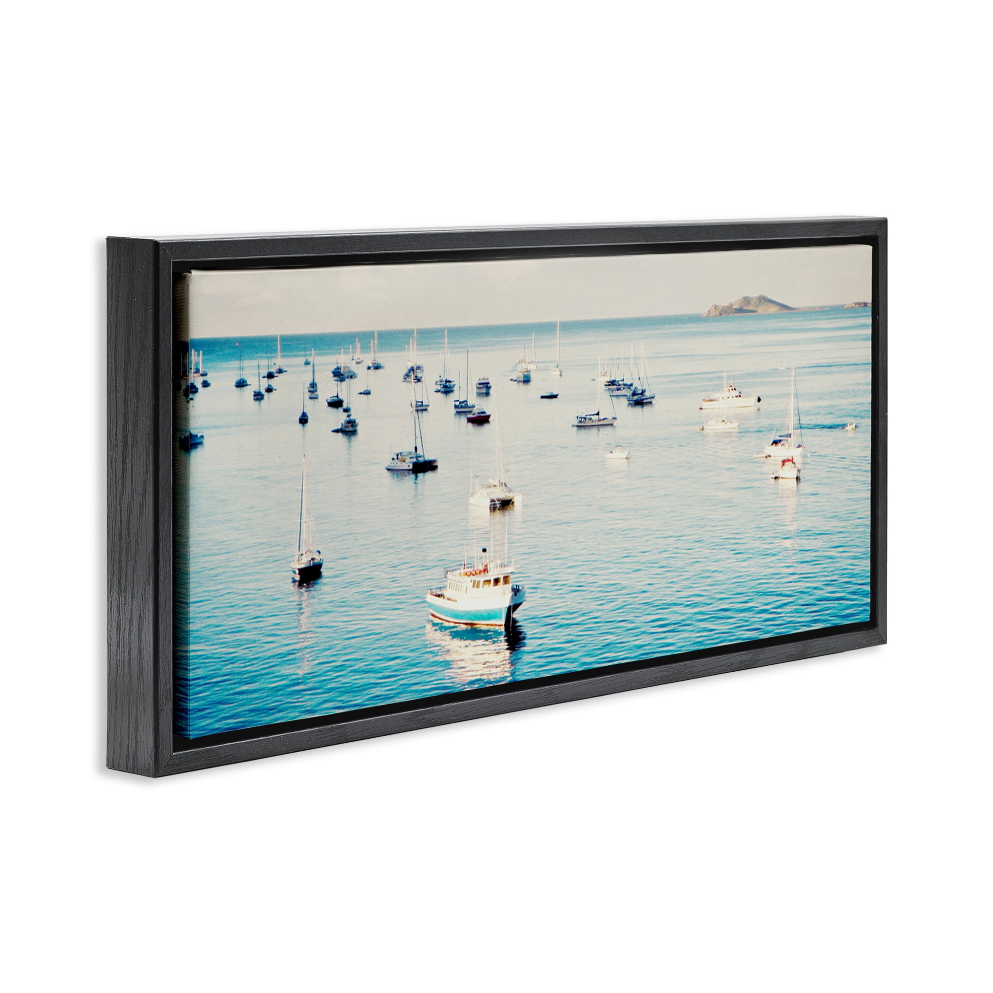 Stupell Industries Boat Fleet Marina Transportation Photography Black Floater Framed Canvas Art Print Wall Art, 31 x 14